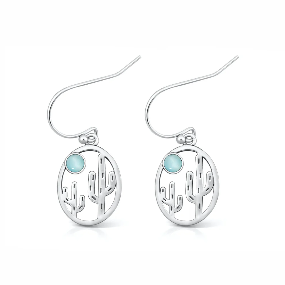 Sterling Silver Oxidized And Polished Cactus Larimar Stone Earrings