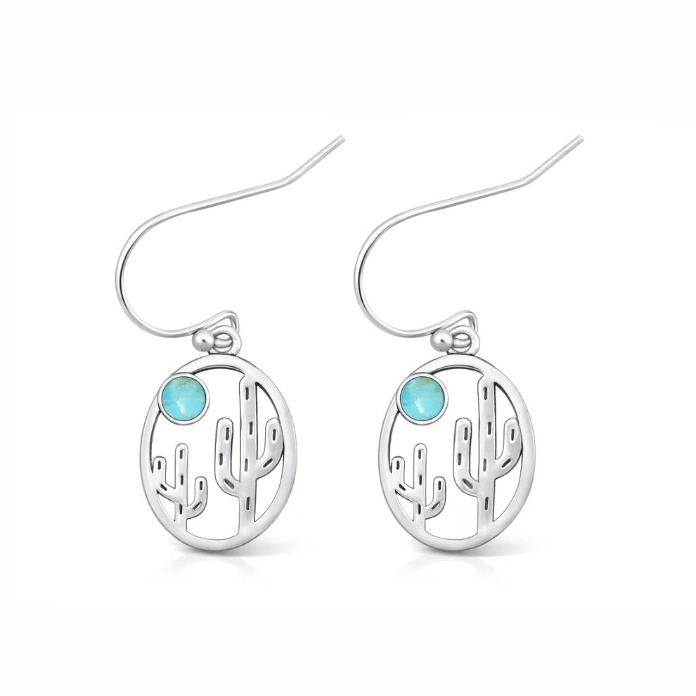 Sterling Silver Oxidized And Polished Turquoise Cactus Earrings