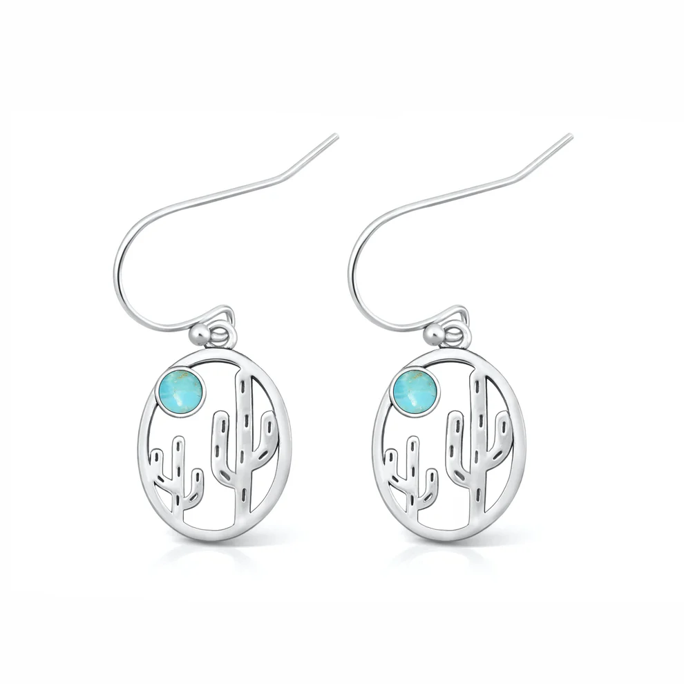 Sterling Silver Oxidized And Polished Cactus Turquoise Stone Earrings