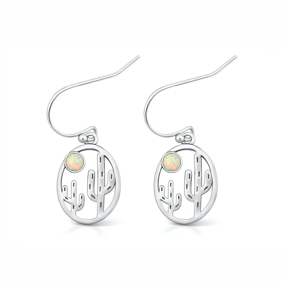 Sterling Silver Oxidized And Polished Cactus White Lab Opal Earrings