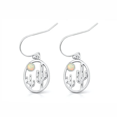 Sterling Silver Oxidized And Polished Cactus White Lab Opal Earrings