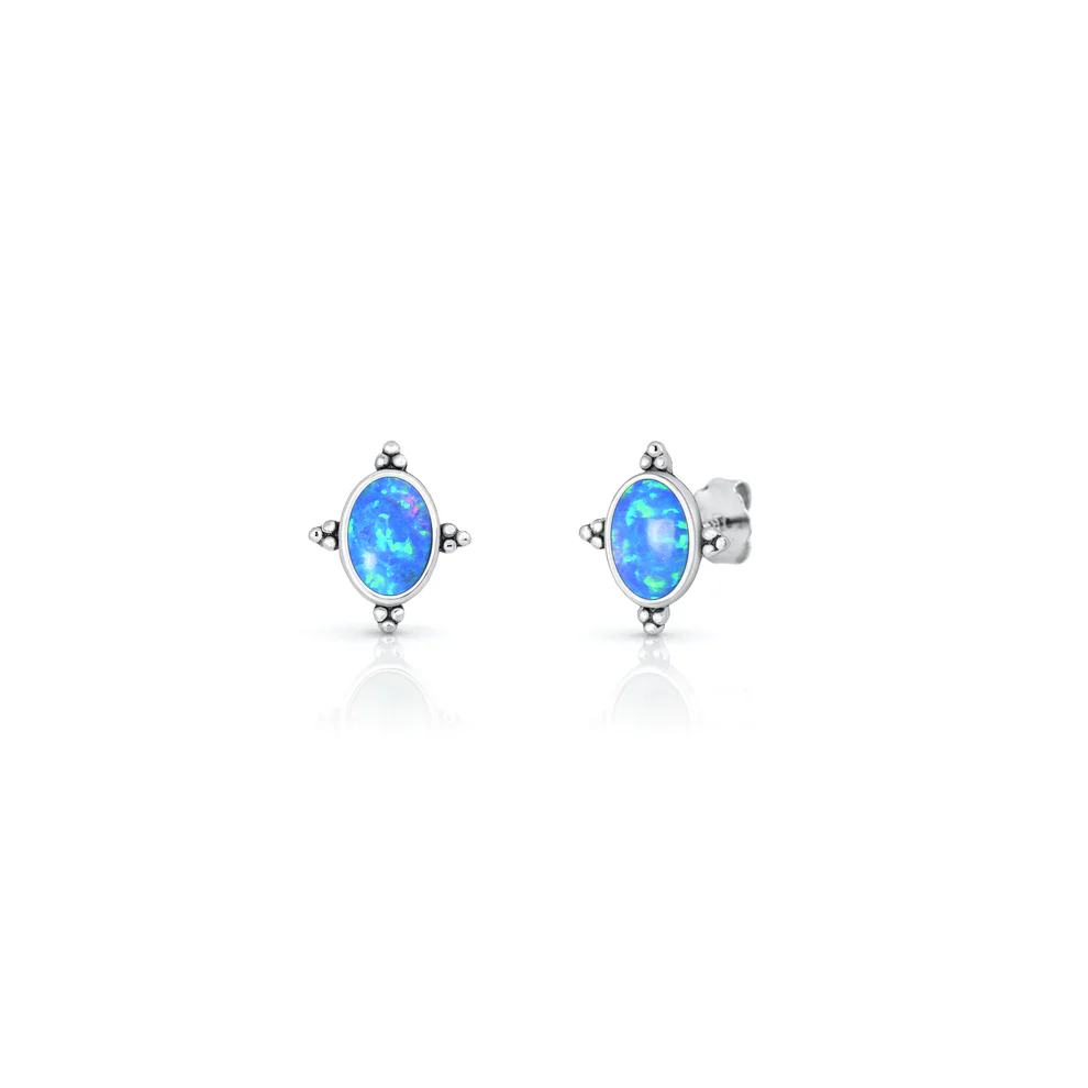 Sterling Silver Oxidized And Polished Bali Style Blue Lab Opal Earrings