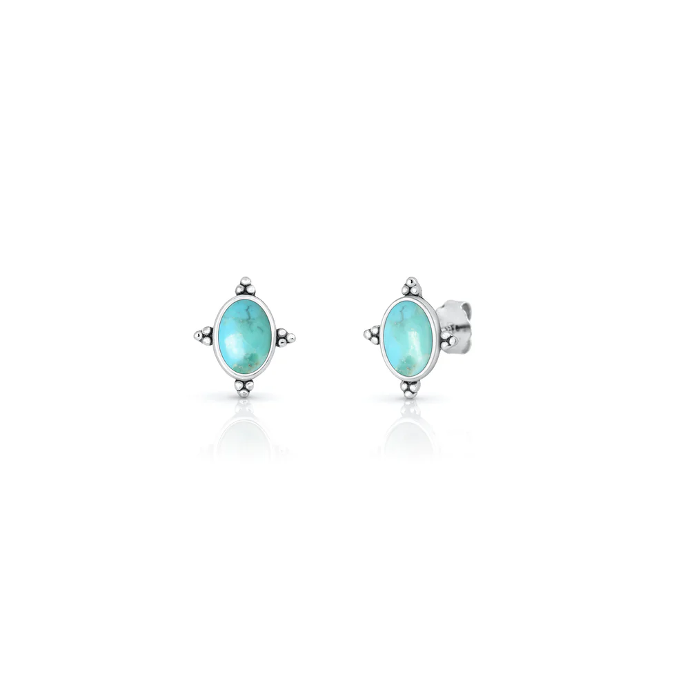 Sterling Silver Oxidized And Polished Bali Style Turquoise Stone Earrings