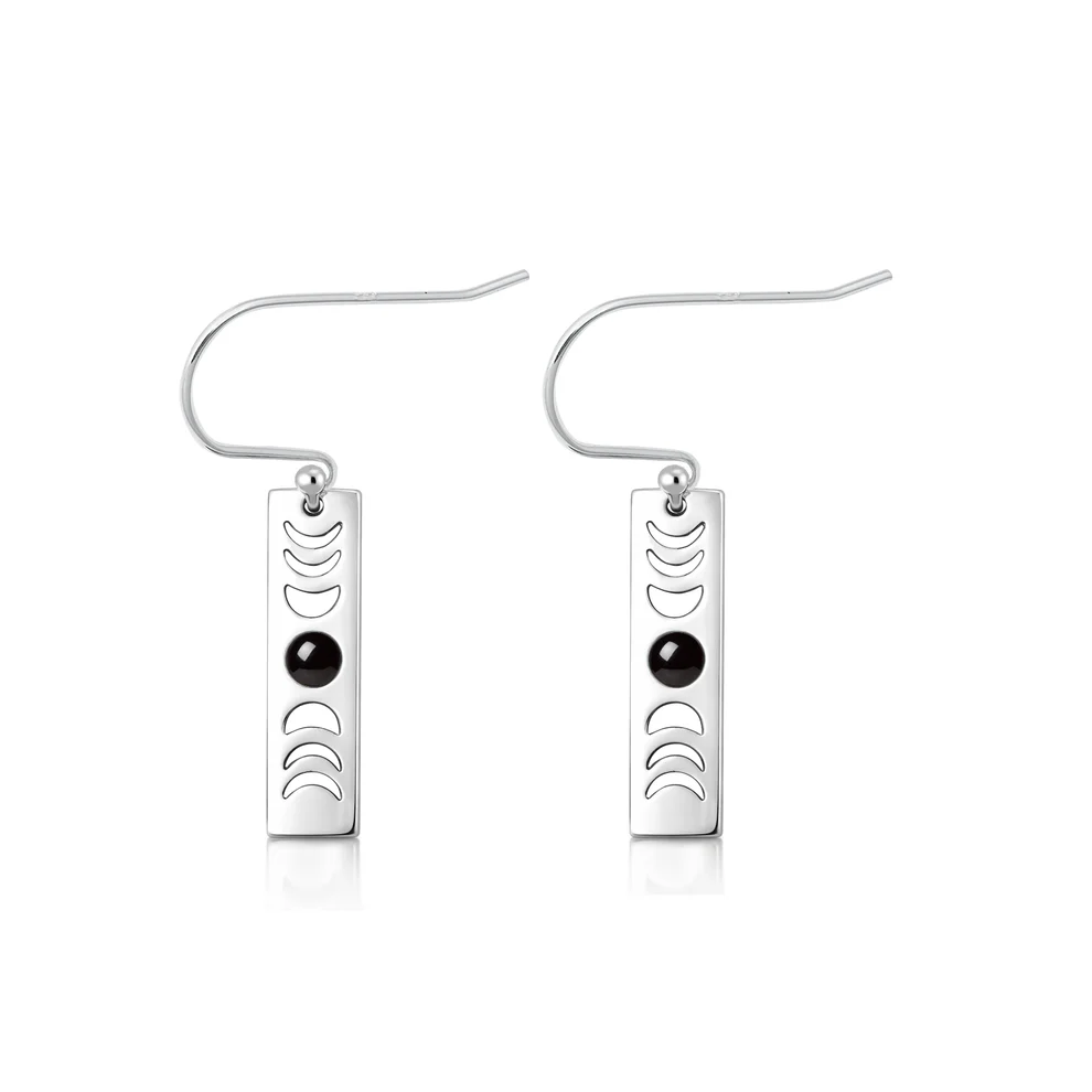 Sterling Silver Oxidized And Polished Moon Phases Black Onyx Stone Earrings