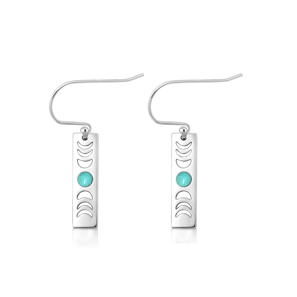 Sterling Silver Oxidized And Polished Moon Phases Genuine Turquoise Stone Earrings
