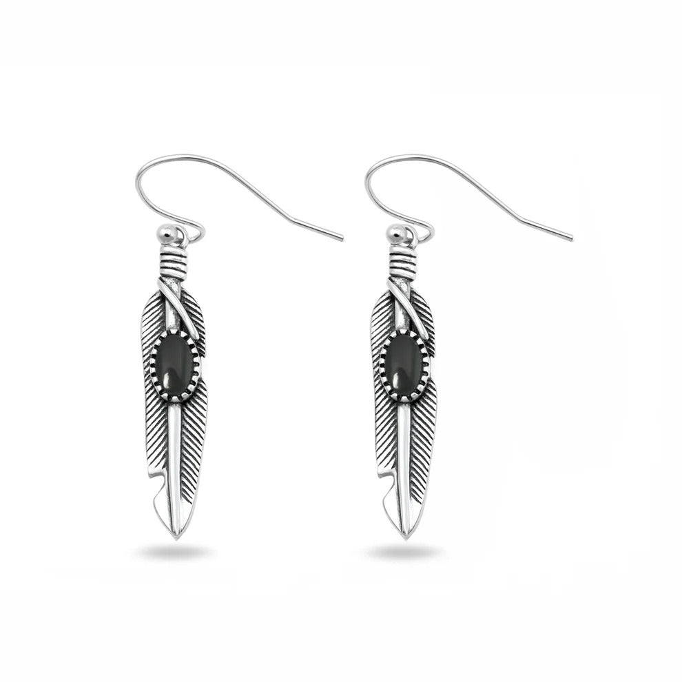 Sterling Silver Oxidized And Polished Black Onyx Feather Earrings