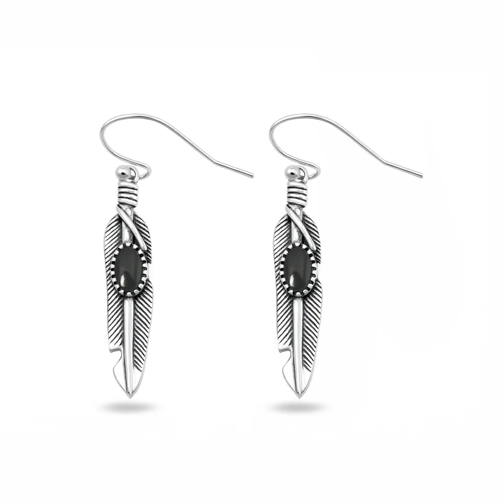 Sterling Silver Oxidized And Polished Feather Black Onyx Stone Earrings