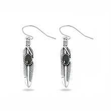 Load image into Gallery viewer, Sterling Silver Oxidized And Polished Black Onyx Feather Earrings