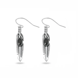 Sterling Silver Oxidized And Polished Feather Black Onyx Stone Earrings