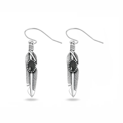 Sterling Silver Oxidized And Polished Feather Black Onyx Stone Earrings