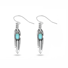 Load image into Gallery viewer, Sterling Silver Oxidized And Polished Feather Turquoise Stone Earrings
