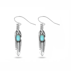 Sterling Silver Oxidized And Polished Feather Turquoise Stone Earrings