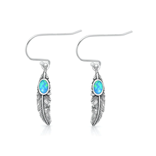 Load image into Gallery viewer, Sterling Silver Oxidized And Polished Feathers Blue Lab Opal Earrings