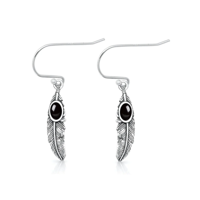 Sterling Silver Oxidized And Polished Feathers Black Onyx Stone Earrings