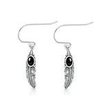 Sterling Silver Oxidized And Polished Feathers Black Onyx Stone Earrings