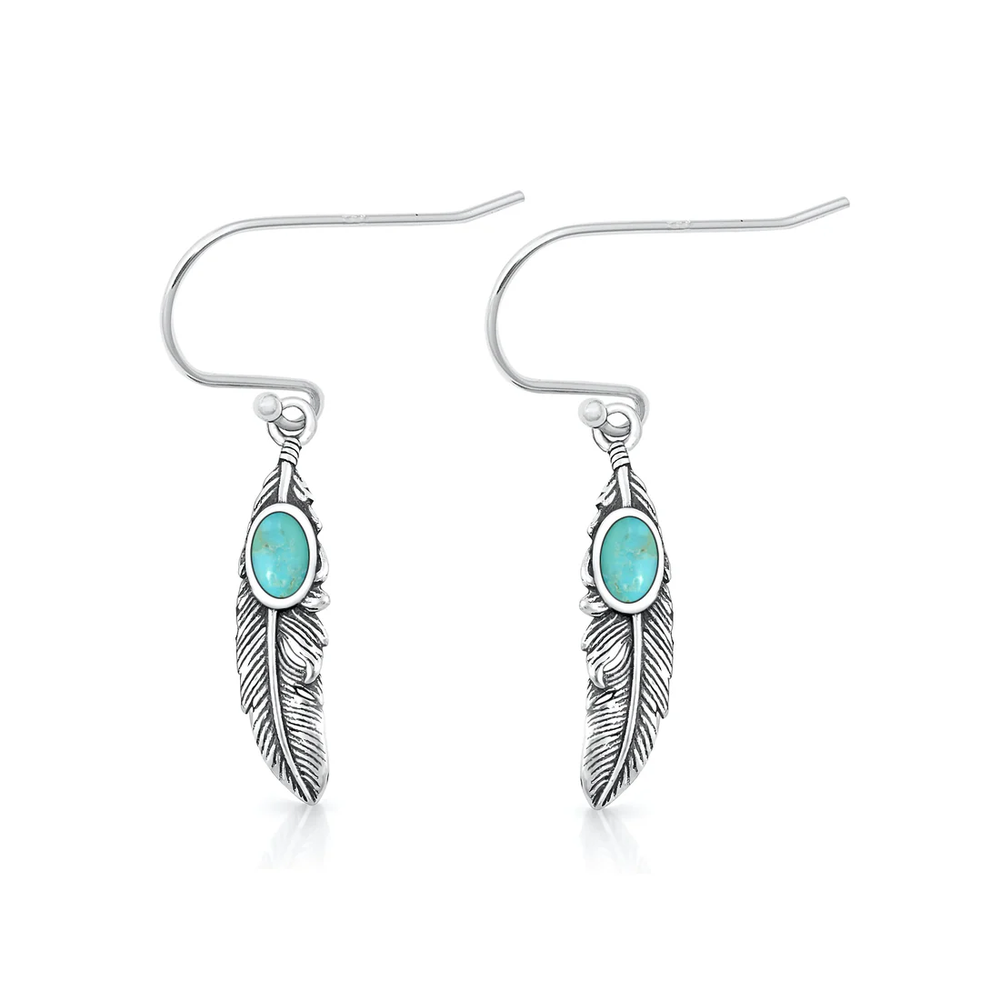 Sterling Silver Oxidized And Polished Feathers Genuine Turquoise Stone Earrings