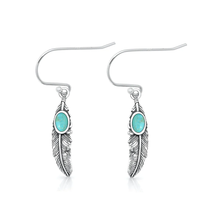 Load image into Gallery viewer, Sterling Silver Oxidized And Polished Feathers Genuine Turquoise Stone Earrings
