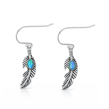 Load image into Gallery viewer, Sterling Silver Oxidized And Polished Feather Blue Lab Opal Earrings