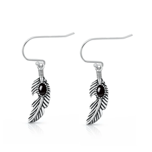 Load image into Gallery viewer, Sterling Silver Oxidized And Polished Black Onyx Stone Feathers Earrings