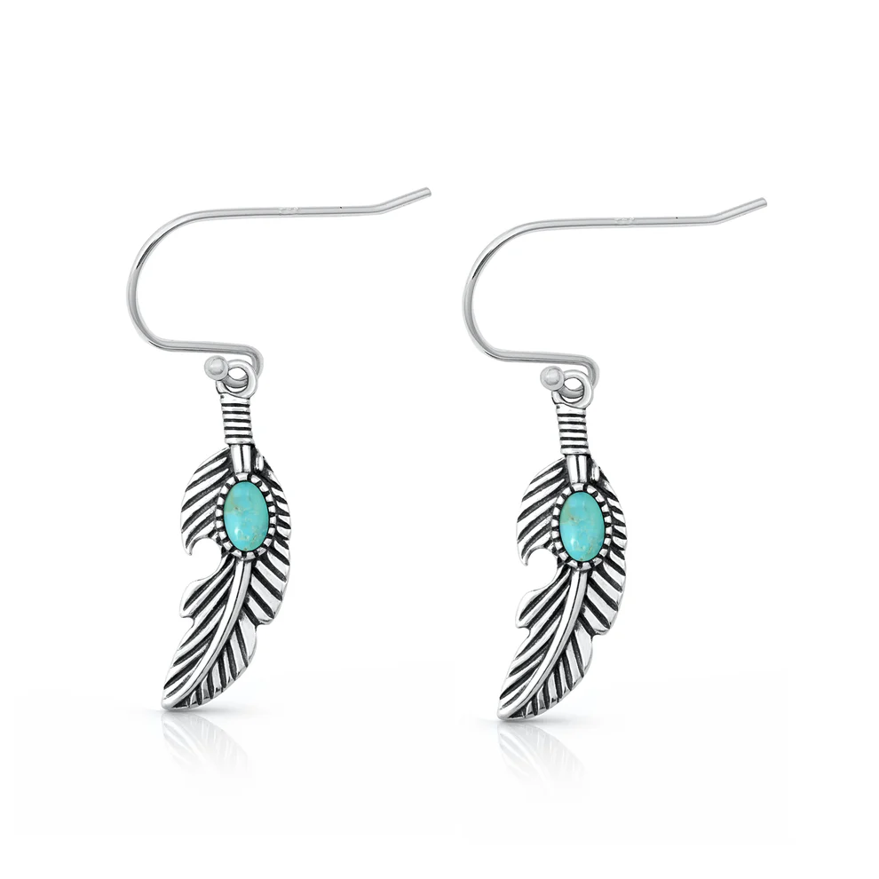 Sterling Silver Oxidized And Polished Genuine Turquoise Stone Feathers Earrings