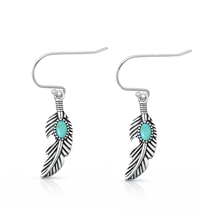 Load image into Gallery viewer, Sterling Silver Oxidized And Polished Genuine Turquoise Stone Feathers Earrings