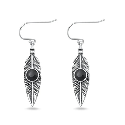 Sterling Silver Oxidized And Polished Feather Black Onyx Stone Earrings