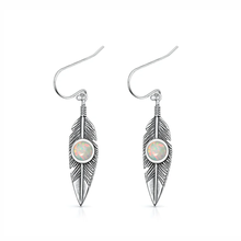 Load image into Gallery viewer, Sterling Silver Oxidized And Polished Feathers White Lab Opal Earrings