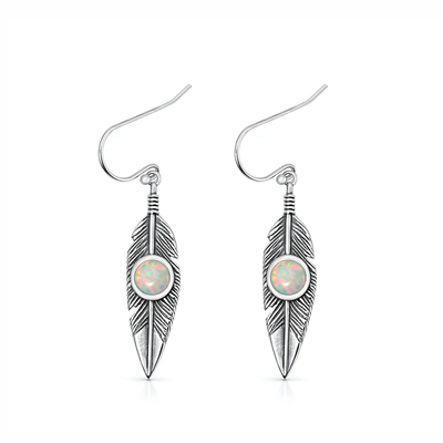 Sterling Silver Oxidized And Polished Feathers White Lab Opal Earrings