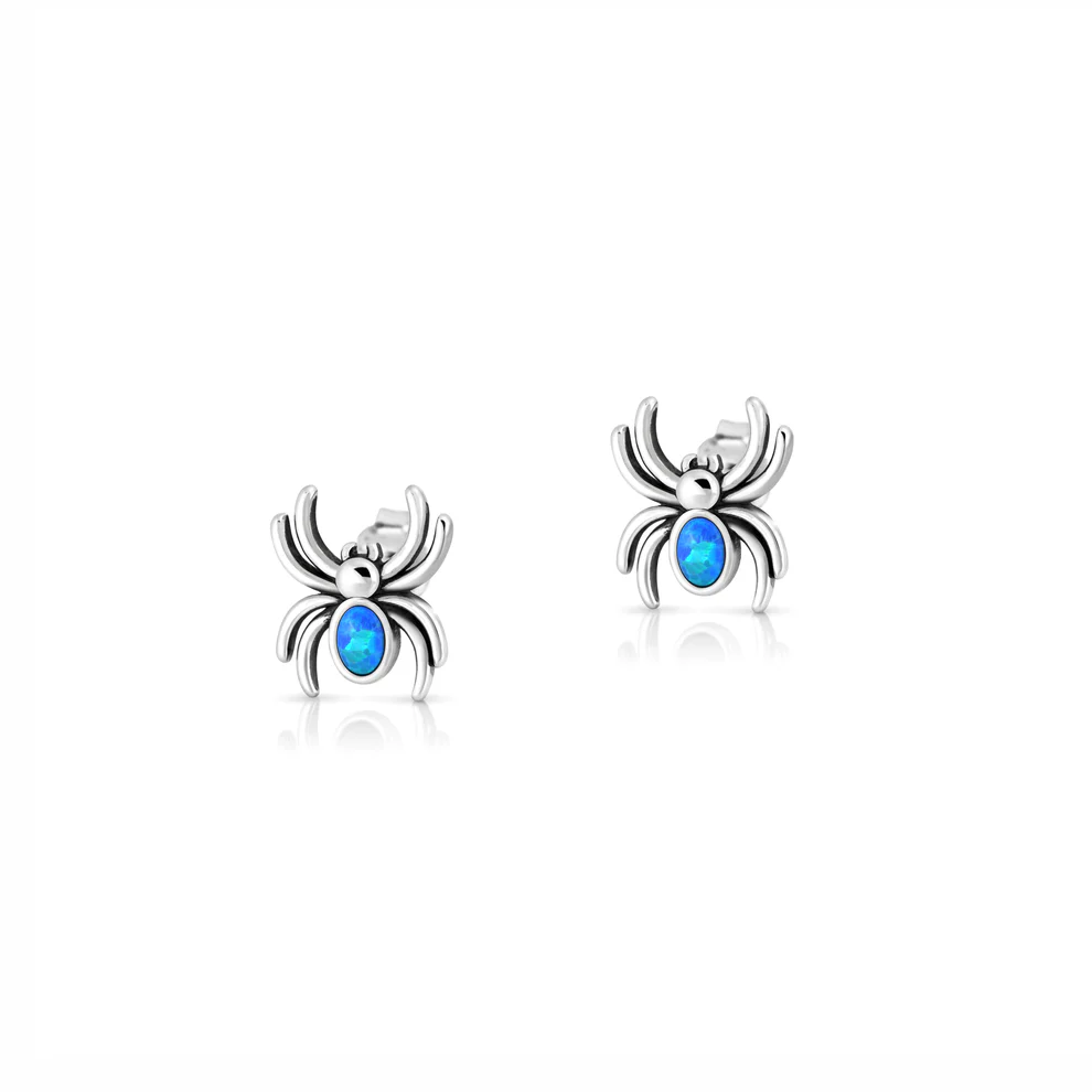 Sterling Silver Oxidized And Polished Spider Blue Lab Opal Earrings