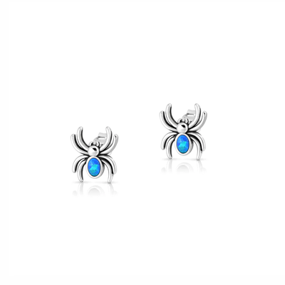 Sterling Silver Oxidized And Polished Spider Blue Lab Opal Earrings