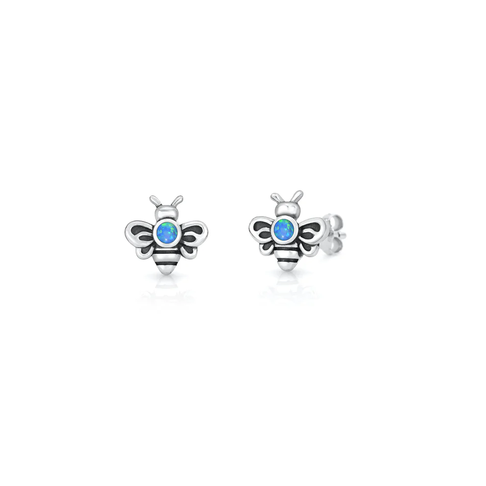 Sterling Silver Oxidized And Polished Bee Blue Lab Opal Earrings