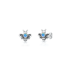 Sterling Silver Oxidized And Polished Bee Blue Lab Opal Earrings