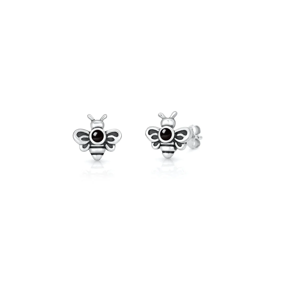 Sterling Silver Oxidized And Polished Bee Black Onyx Stone Earrings