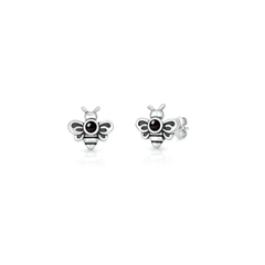 Sterling Silver Oxidized And Polished Bee Black Onyx Stone Earrings