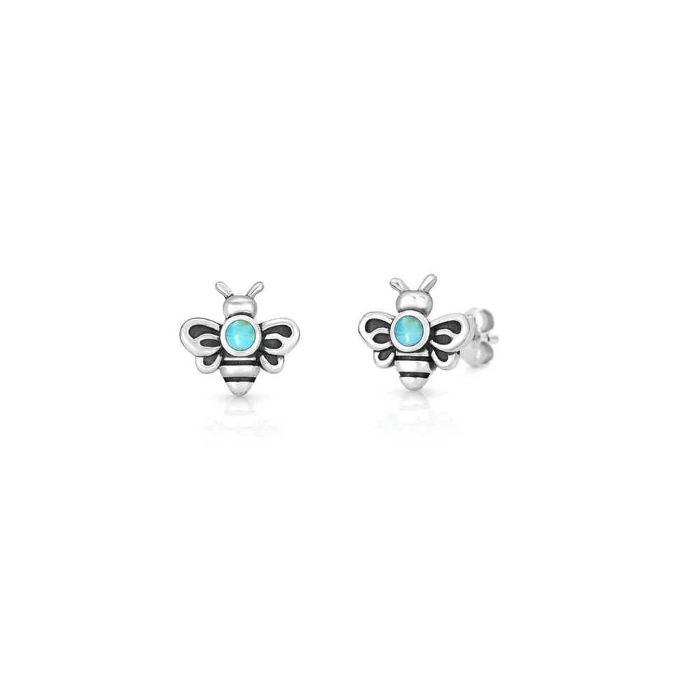 Sterling Silver Oxidized And Polished Bee Turquoise Stone Earrings