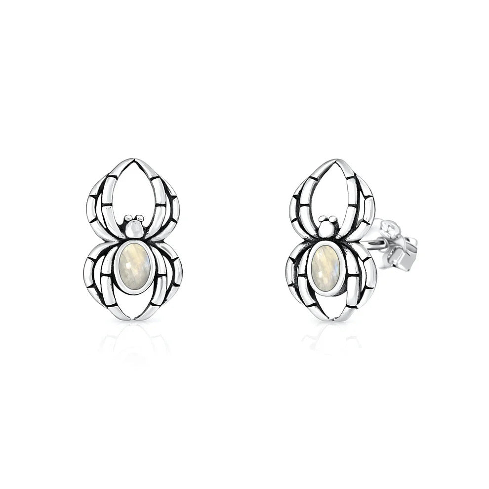 Sterling Silver Oxidized And Polished Moonstone Spider Earrings