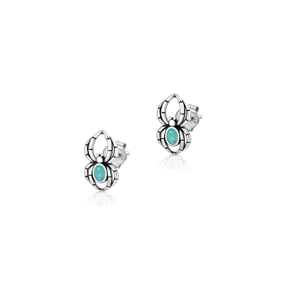 Sterling Silver Oxidized And Polished Spider Turquoise Stone Earrings