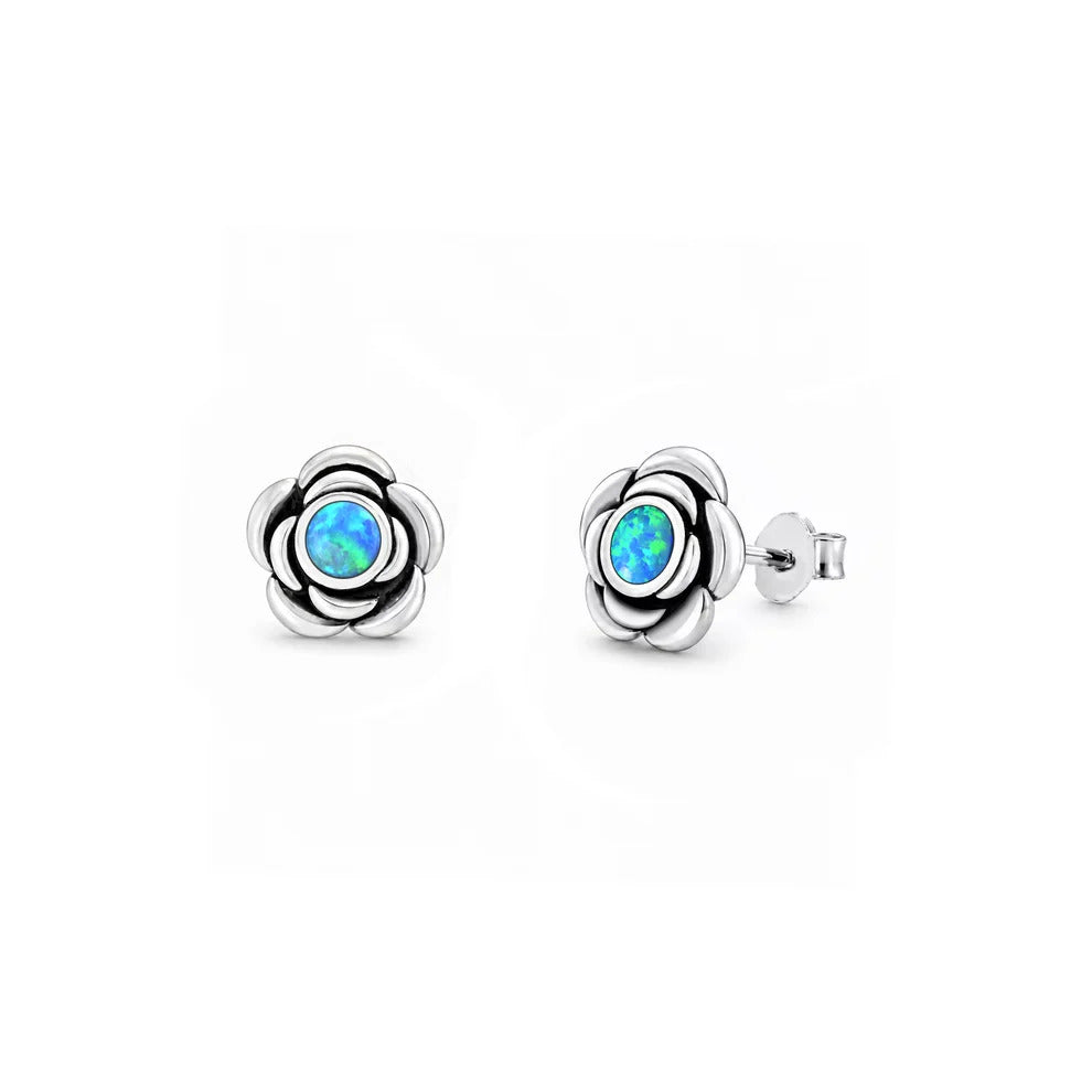 Sterling Silver Oxidized And Polished Blue Lab Opal Flower Earrings