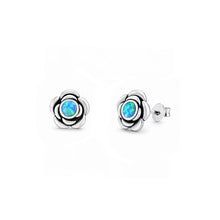 Load image into Gallery viewer, Sterling Silver Oxidized And Polished Blue Lab Opal Flower Earrings