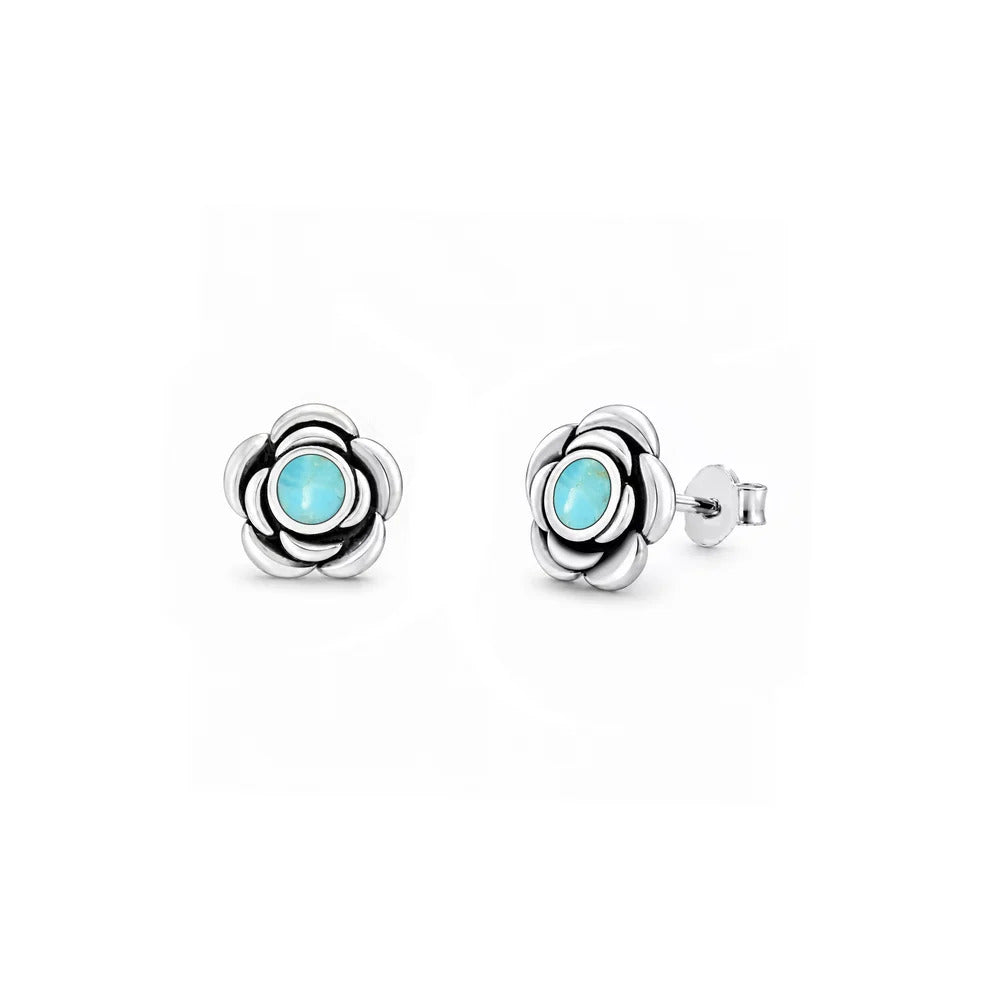 Sterling Silver Oxidized And Polished Turquoise Flower Earrings