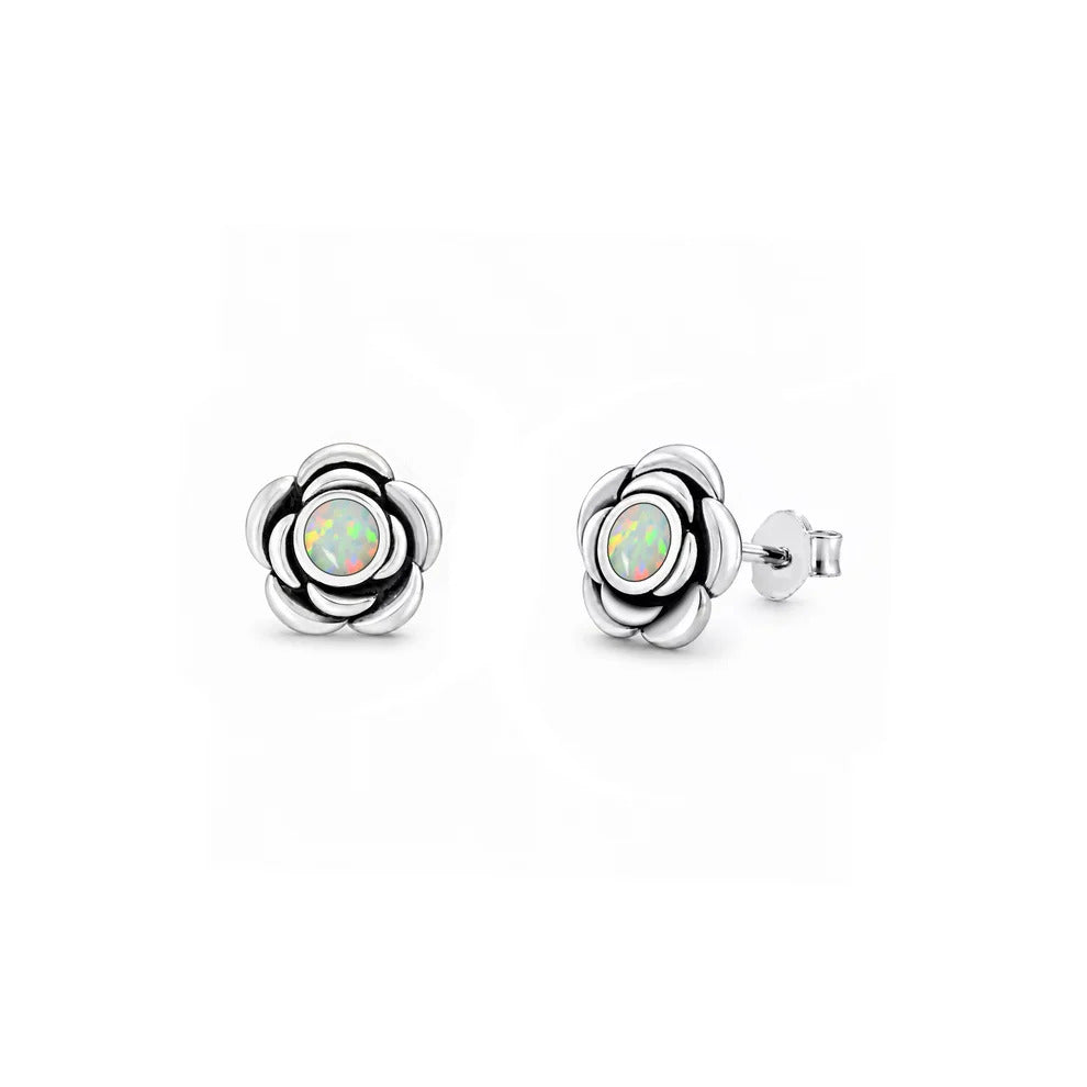 Sterling Silver Oxidized And Polished White Lab Opal Flower Earrings