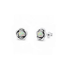 Load image into Gallery viewer, Sterling Silver Oxidized And Polished White Lab Opal Flower Earrings
