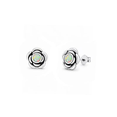 Sterling Silver Oxidized And Polished White Lab Opal Flower Earrings