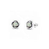 Sterling Silver Oxidized And Polished White Lab Opal Flower Earrings