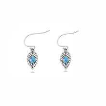 Load image into Gallery viewer, Sterling Silver Oxidized And Polished Leaf Blue Lab Opal Earrings