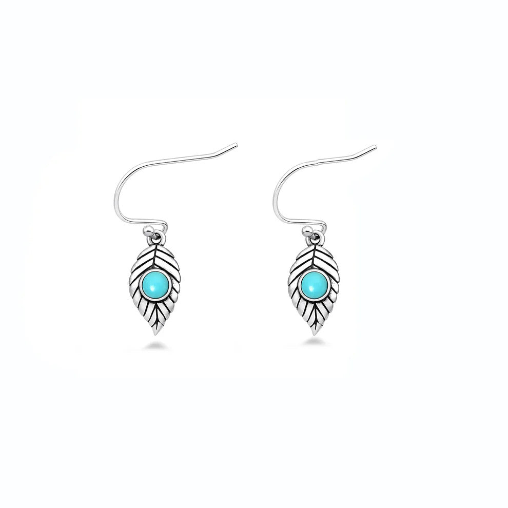 Sterling Silver Oxidized And Polished Leaf Turquoise Stone Earrings