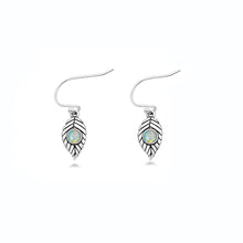 Load image into Gallery viewer, Sterling Silver Oxidized And Polished Leaf White Lab Opal Earrings