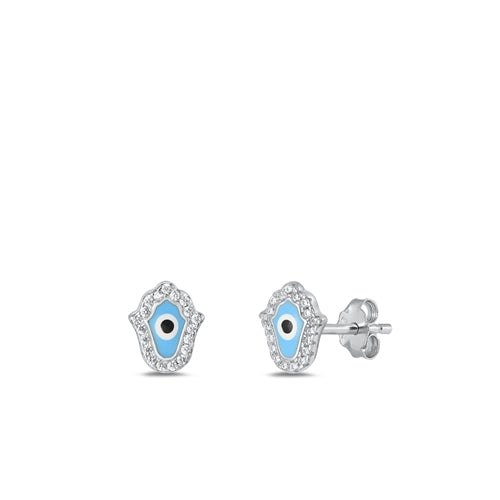 Sterling Silver Rhodium Plated Hamsa Clear CZ Earrings
