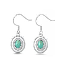 Load image into Gallery viewer, Sterling Silver Rhodium Plated Oval Drop Hook Genuine Turquoise And Clear CZ Stone Earrings