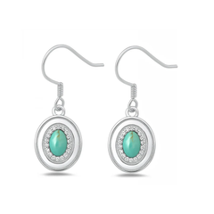 Sterling Silver Rhodium Plated Oval Drop Hook Genuine Turquoise And Clear CZ Stone Earrings